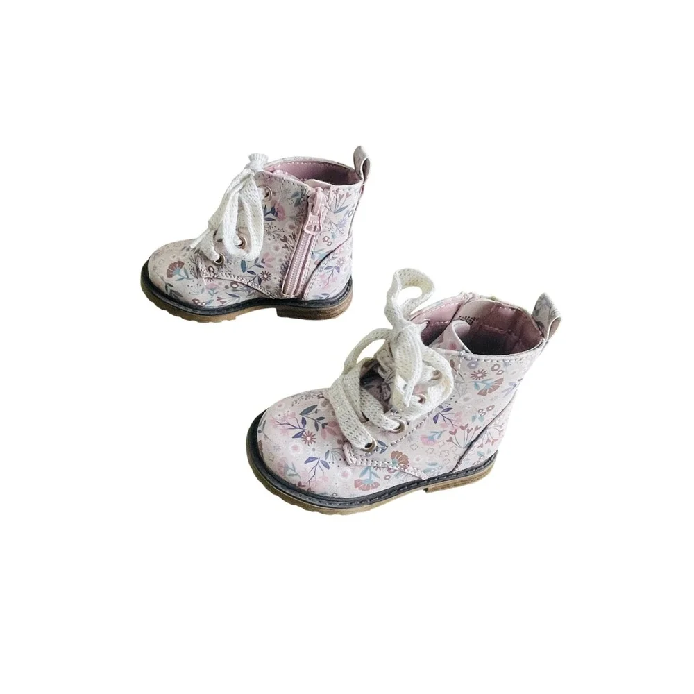 Cat & Jack Toddler Girls Floral Combat Boots Pink Blue Flower Size‎ 5 Zip Up